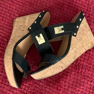 Tommy Hilfiger Madasen Black Gold Cork Wedges Size 9.5 M
